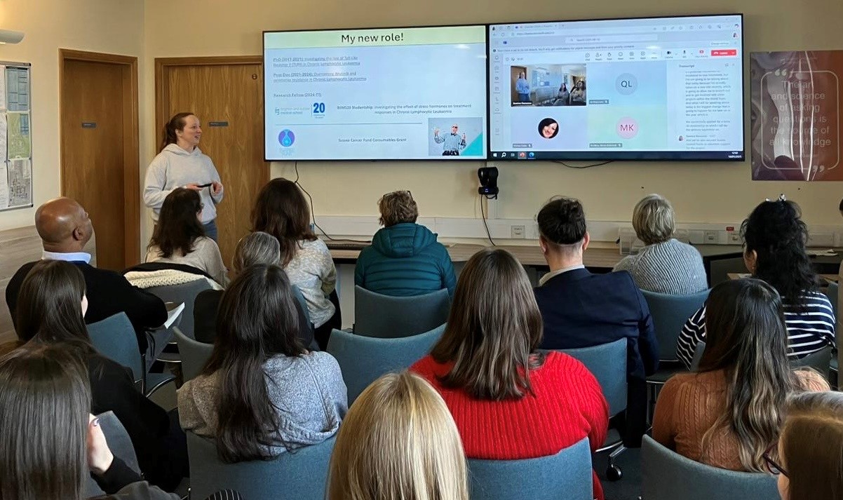 A group of people in a room faced towards a screen whilst someone is giving a presentation