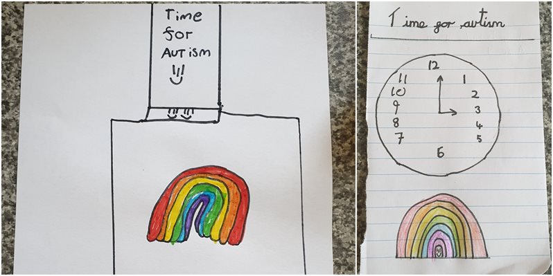 Charlie Green's entry, 2 images, the first showing a rainbow in a box with the words 'Time for Autism', the second similar to the first but with a clock face showing the time as 3.