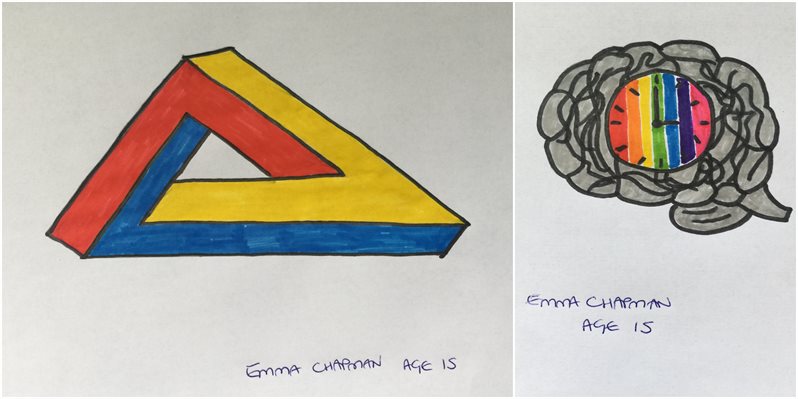 Two of Emma Chapman's images, the first showing a red, yellow and blue impossible triangle, and the second showing a rainbow clock face inside of a brain