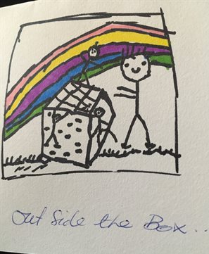 Olli North's competition entry, showing a stick figure standing outside a box with other figures inside, with a rainbow over the top of the image. The words 'Outside the box' written underneath