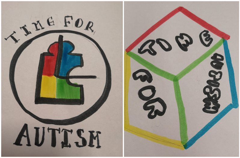 2 further logo entries by Wren Brundle, the first showing a red, yellow, green and blue puzzle piece in a clock face. The second showing a multicoloured 3D cube with the works Time for Autism on the faces