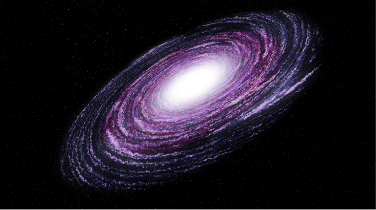 Telescopic image of a very large purple spiral galaxy