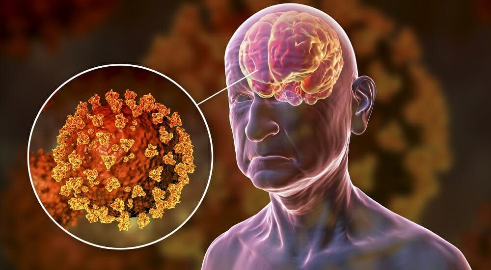 illustrated image of an older adult and their brain with a circled image of a virus next to it