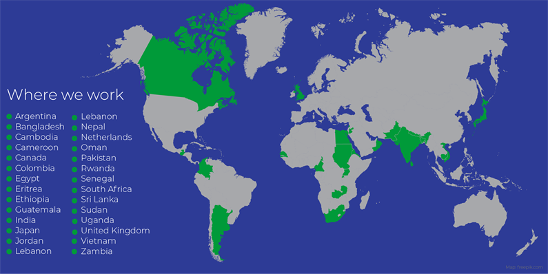 Map of the world showing where BSMS has global health links. These include: Argentina Bangladesh Bolivia Cambodia Cameroon Canada Egypt Ethiopia Eritrea Guatemala  India Jordon Lebanon Nepal Netherlands Oman Pakistan Rwanda Senegal South Africa Sri Lanka 