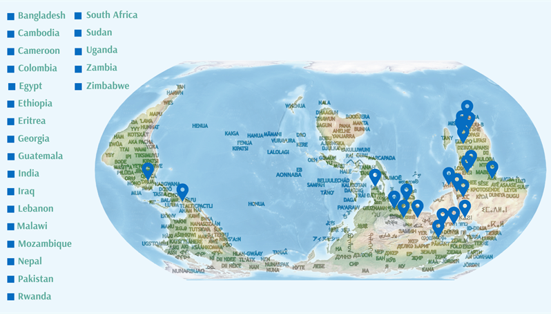 A map showing the countries and locations the Centre of Equity global health works and collaborates with around the world via blue pins