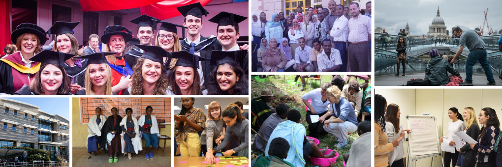 A montage image showing students graduating, in classes, on field trips and talking to lecturers