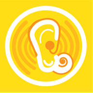 Yellow illustrated graphic of an ear with a hearing aid with a white circle and sound waves around it