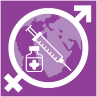 A purple graphic with a map of the world, a white circle and a white pill bottle and syringe