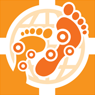 Illustrated orange image showing feet with circles over a globe