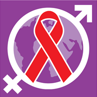illustrated image showing a purple combined male/female gender symbol with a red folded ribbon