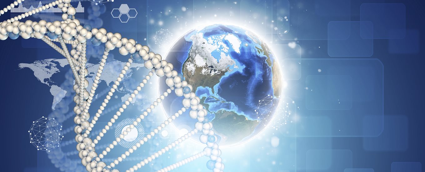 Digital image of a large DNA structure floating over the globe
