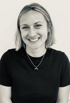 A black and white photo of Rebecca Winter