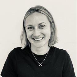 A black and white photo of Rebecca Winter